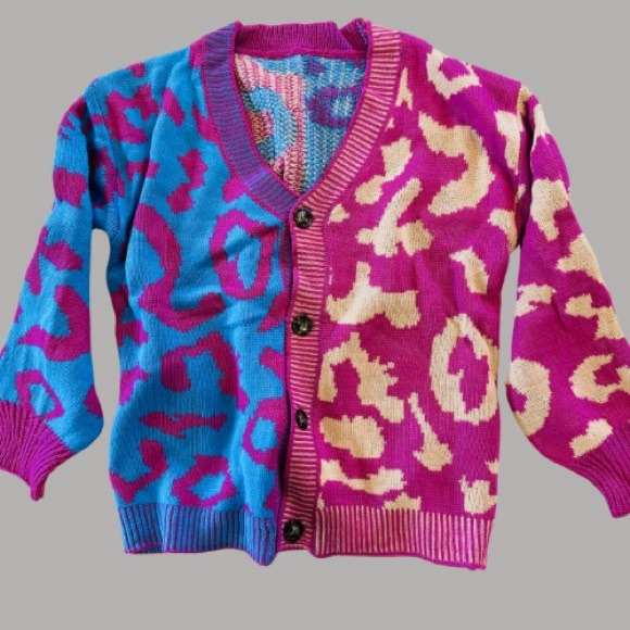 New In Leopard Color Block Patchwork Women's Knit Cardigan Sweater Button Down - Picture 5 of 5